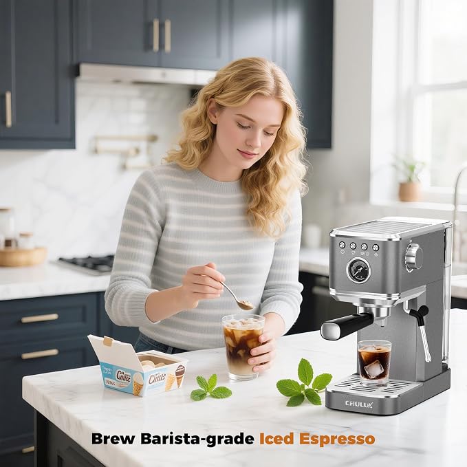 CHULUX Elite Espresso Machine with Milk Frother, Compact Hot and Ice Expresso Coffee Maker for Cappuccino, Latte and Americano, 20 Bar Italian High Pressure Pump, Metallic Gray