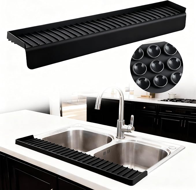 Silicone Sink Edge Protector Splash Guard,Sink Granite Edge Protector,30x4 Inch with Suction Cups & 5°Tilt, Cuttable for Kitchen Bathroom Countertops, Granite Quartz Surfaces (Black)