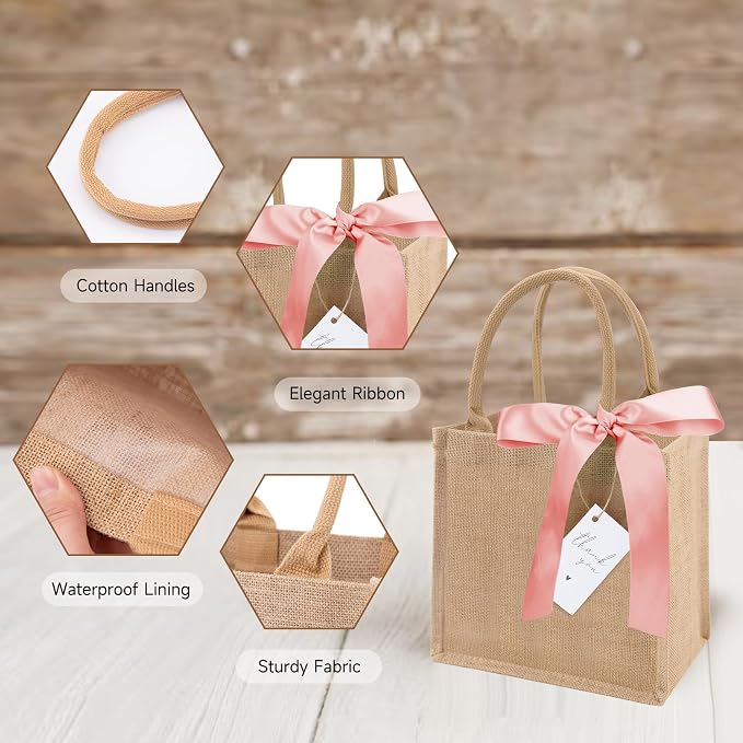 6 Pack Burlap Tote Bags with Handles Reusable Mini Jute Gift Bags with Pink Silk Ribbons Waterproof Lining for Wedding Bridesmaid Mother's Day Bachelorette Beach Party