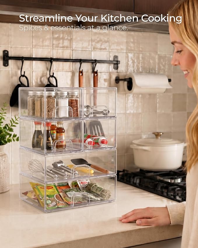 Stackable Storage Drawer Organizers Set of 6 for Bathroom Organizer Storage | Clear Plastic Organizer Bins for Baby Bottle, Kitchen Under Sink, Laundry, Pantry, Beauty, Cabinet, Medicine, Office Supplies