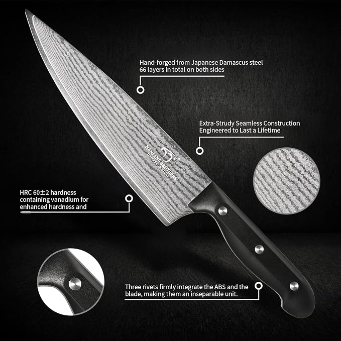 NANFANG BROTHERS 9-Piece Damascus Kitchen Knife Set, 67-Layer VG10 Japanese Steel, Professional Chef Knives with Compact Wooden Block, Triple-Riveted Ergonomic Handles (Hand-Wash Only)