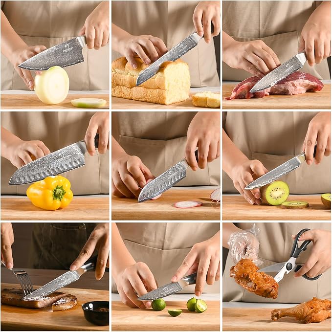 Damascus Knife Set with Block, 16-Piece VG10 67-Layer Steel Kitchen Knives | 16-piece premium Damascus kitchen knife set with VG10 steel core, 67 layers, wood block, and triple-rivet handles