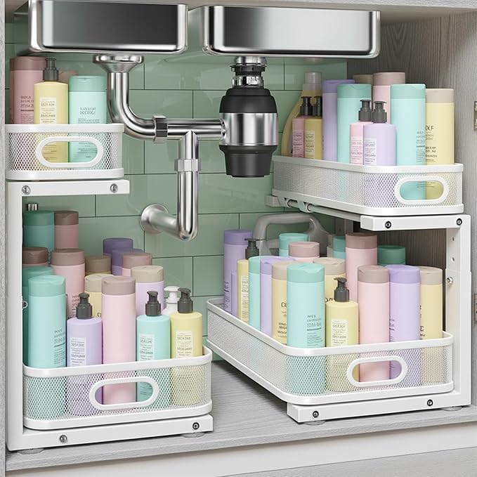 2 Pack Under Sink Organizer, Dual-Layer Pull Out Mesh Cabinet Rack with 5-Level Height Adjustment, Rust-Resistant Sliding Storage for Bathroom & Kitchen, Multi-Purpose 2-Tier Shelf