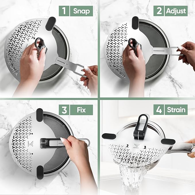 Kitchen Strainer & Pot Drainer Clip-On Stainless Steel Colander for Pots & Pans (6.5-9.5 in / 16-24 cm) | Universal Fit Pasta & Noodle Strainer | Hands-Free Swiss Design, Dishwasher-Safe