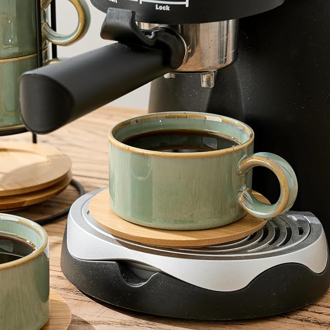 LUKA 6 Ounce Porcelain Stackable Espresso Cups with Saucers and Metal Stand Set of 4, Ceramic Cappuccino Cups Set for Specialty Coffee Drinks, Latte, Cafe Mocha and Tea, Wild Sage Earth