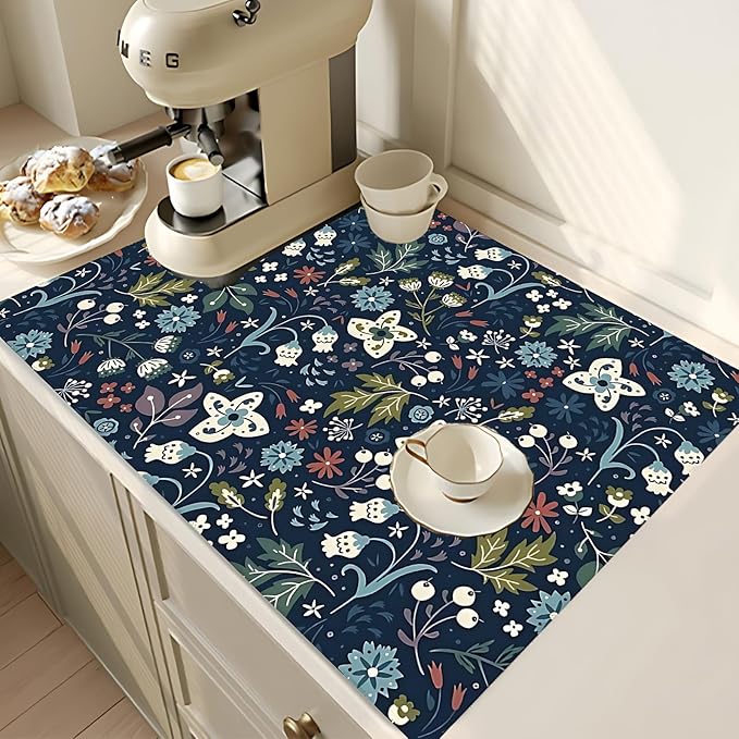 2Pcs Dish Drying Mats Faucet Mats Sets Large Size Coffee Mats Sink Faucet Mat Splash Guard for Kitchen Counter Bathroom Sink Coffee Bar Kitchen Decor (Cute Wildflowers, 18"x24" 15" x 5.5"Set)