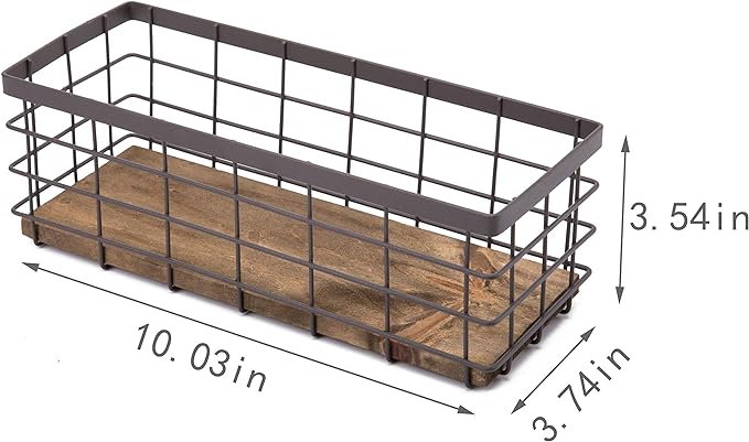 TIEYIPIN Small Metal Wire Storage Basket, Detachable Wood Base Storage Organizer Bin Basket for Kitchen Cabinets, Bathroom, Pantry, Garage, Laundry Room - Brown (4 Pack)