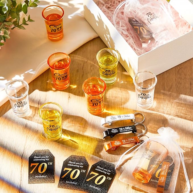 Domensi 50 Sets 70th Birthday Party for Guests Bulk Include Cheers to 70 Short Glasses Beer Bottle Opener Keychains Thank You Cards with Gift Bags and Ropes for Birthday Party Gifts