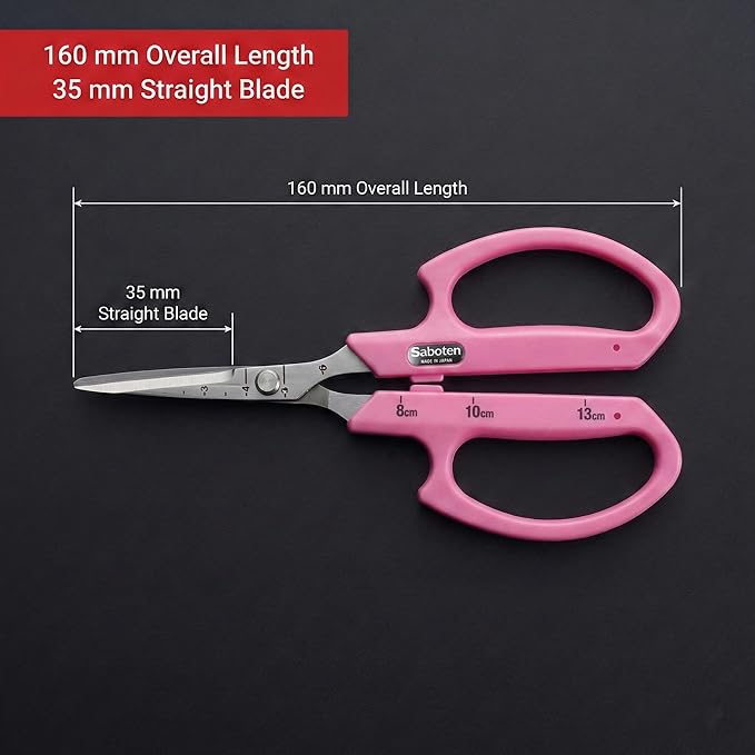 Saboten Stainless Steel Straight Blade Trimming Scissors Pink PT-12 160mm Precision Gardening Bonsai and Floral Shears Made in Japan