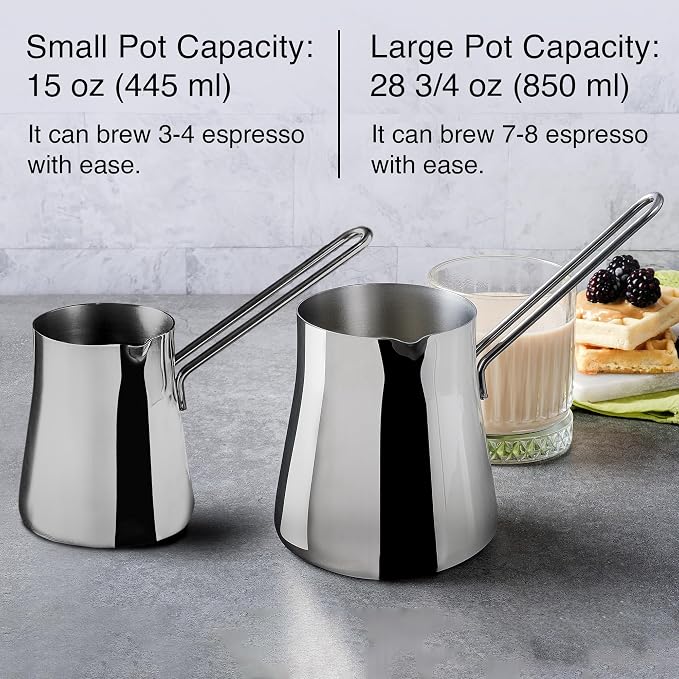 Crystalia Turkish Coffee Pot 18/10 Stainless Steel, Stove Top Tea Maker, Milk Warmer, Greek Arabic Coffee Cezve Briki, 15 oz (Silver, Small)