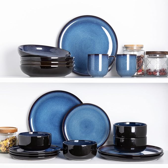 LeRatio Ceramic Dinnerware Sets for 4,Plates and Bowls Sets,Handmade Reactive Glaze Dishes Set,Chip Resistant and Scratch Resistant | Oven&Dishwasher & Microwave Safe,Service for 4
