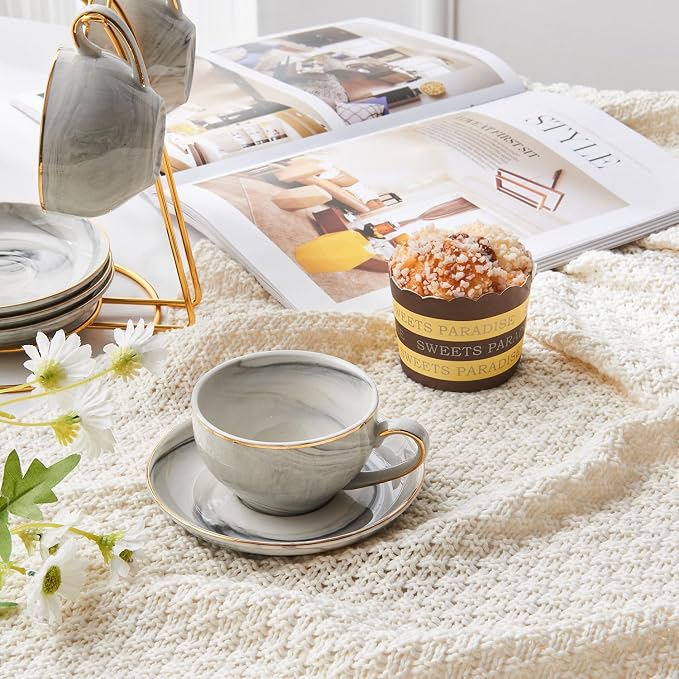 Ceramic Espresso Cups Set with Saucers and Metal Stand, 4 oz Porcelain Stackable Cappuccino Cups Teacup For Tea, Espresso, Latte, Coffee, Cafe Mocha（Gray）