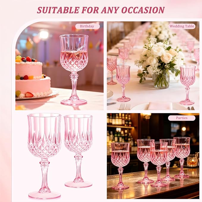 7OZ Plastic Wine Glasses, Reusable Vintage Goblets Unbreakable Drinking Glasses Crystal Water Cups Champagne for Wedding, Parties (100, Pink)