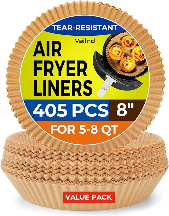 Vailnd Air Fryer Paper Liners, 405 PCS Non-Stick Parchment Paper, 8-Inch Round Air Fryer Liners Disposable for 5-8 QT Basket, Water-Proof & Oil-Proof Airfryer Liners for Baking, Roasting, Microwave