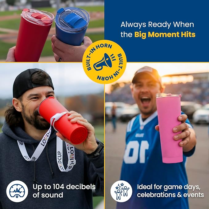 The LoudCup Blow Horn Tumbler, Cheer & Sip 2-in-1 Reusable Water Bottle with Built-In Horn for Sports Games, Tailgates, Parties & Events, BPA-Free, 23 oz, Siren Red