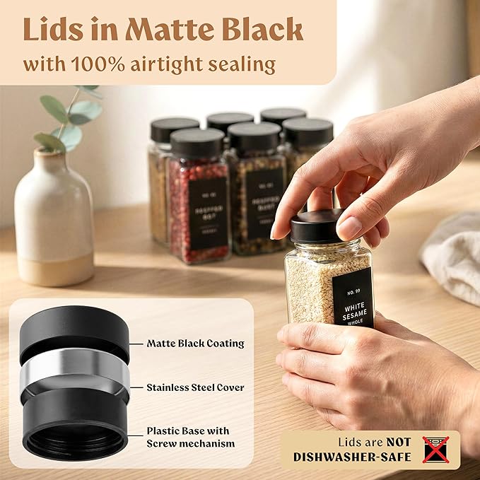 EDELHAUS Square Glass Spice Jars (24 x 4oz) with Black Lids + Magnetic Spice Rack for Refrigerator (Fits 12 Jars) + Bonus Slim Auxiliary Rack, 240 Labels, Shaker Inserts, Funnel