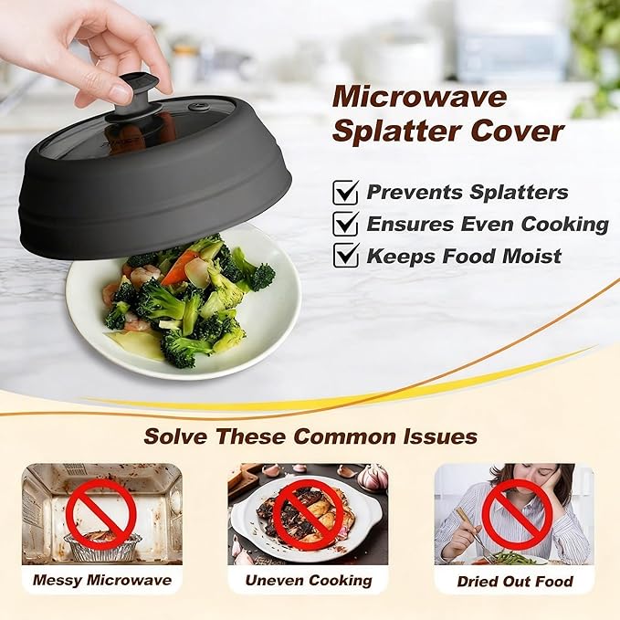 Microwave Splatter Cover - 9.8" Glass Lid with Collapsible Silicone Rim, Universal Pot & Plate Cover for Mess-Free Heating (Black, 9.8inch)