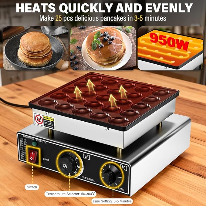 Mini Pancake Maker, 25PCS Mini Dutch Pancake Maker 110V Non-stick Adjustable Temperature Stainless Steel Commercial Pancakes Maker Machine for Home Kitchen Restaurant Snack Dessert