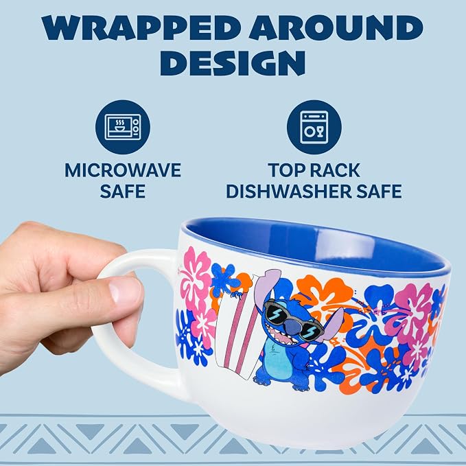 Silver Buffalo Disney Lilo and Stitch Tropical Flowers and Sunnies Shade Ceramic Soup Mug, 24 Ounces