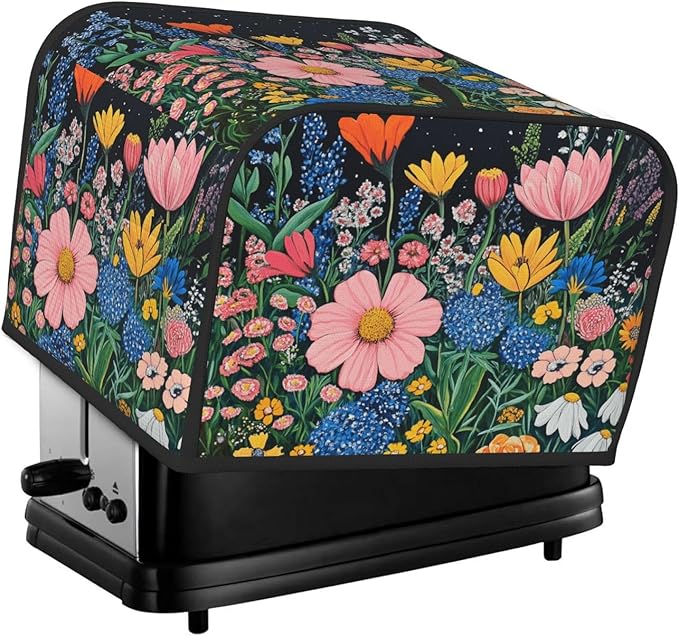 4 Slice Toaster Cover for Kitchen Wildflower Art Floral Black aterproof and Dustproof Toaster Dust Cover with Side Pockets Decorative Universal Cover for Wide Slot Toasters and Small Appliances