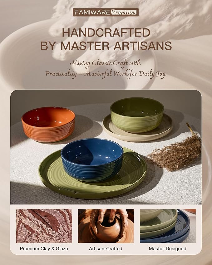 24-Piece Stoneware Dinnerware Sets for 8 - Coupe Plates and Bowls with Speckles & Spirals - Chip & Scratch Resistant, Microwave & Dishwasher Safe - Gift Box - Multicolor, Earthy Tones