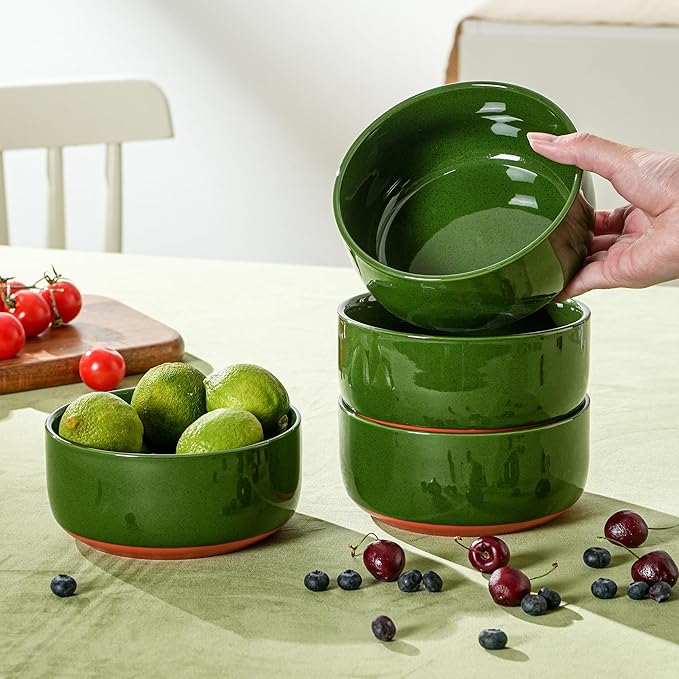 28 OZ Ceramic Cereal Bowls Set, 6 Inch, Set of 4, Elegant Green | Handcrafted, Dishwasher & Microwave Safe, Stoneware Deep Soup Bowls for Everyday Use