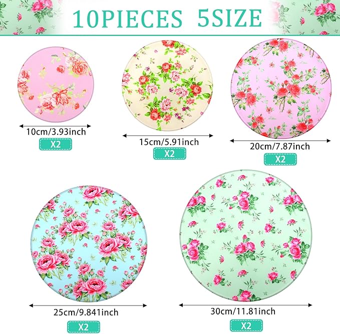 Patelai 10 Pcs Bowl Covers Reusable in 5 Size Stretch Cloth Fabric Elastic Food Storage Bowl Covers Bread Sourdough Lids for Proofing Food Fruits Leftover(Red, Pink, Green,Floral Style)
