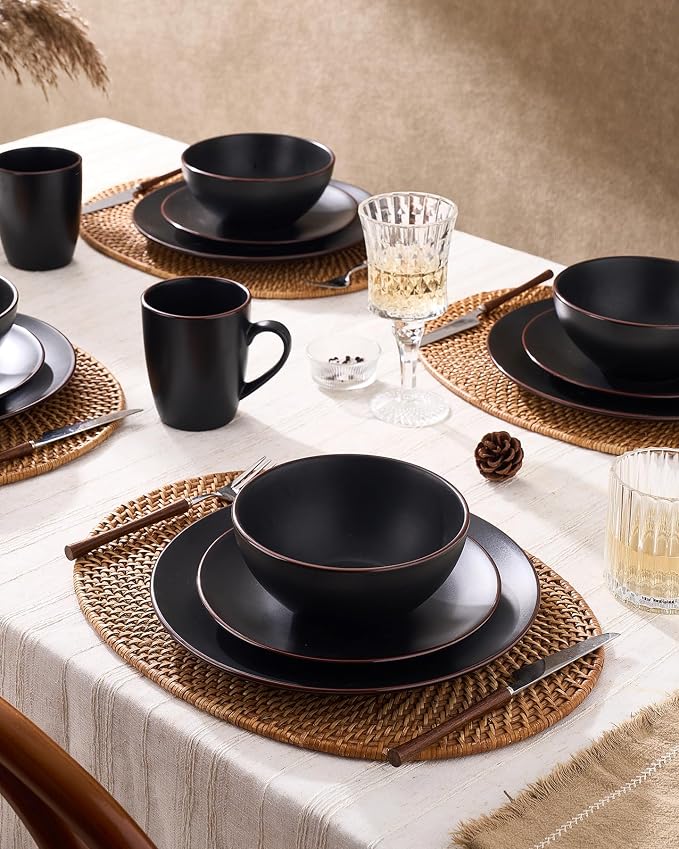 Famiware Venus 24-Piece Stoneware Dinnerware Sets with Mugs, Plates, Bowls, Service for 6, Matte Black - Modern Ceramic Chip‑Resistant Dishes for Everyday & Formal Use, Microwave & Dishwasher Safe