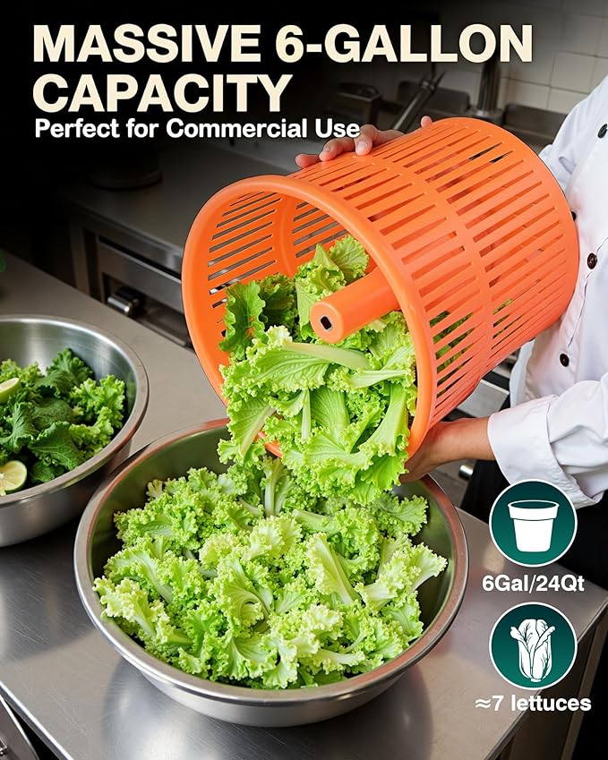 WantJoin Commercial Salad Spinner - 6 Gallon Salad Dryer w/Silicone Anti-slip Mat & Draining Hose, Orange, 24Qt Manual Salad Spinner for up to 7 Heads of Lettuce Spinner Large for Catering