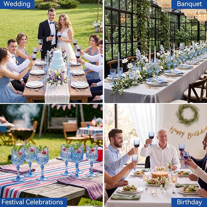 Sliner 96 Pcs 7oz Plastic Vintage Wine Glasses Drinking Goblets Unbreakable Crystal Water Glassware Reusable Diamond Champagne Flutes Cups for Wedding Banquet Birthday Party Supplies (Light Blue)