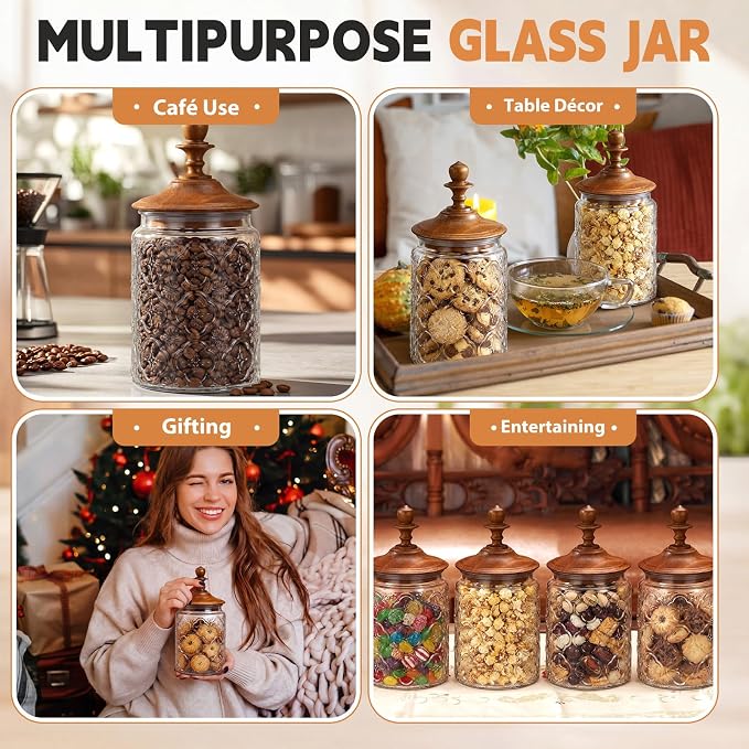 Suclain 6 Pack 24oz Vintage Glass Jars with Wooden Crown Lids, Decorative Jars Begonia Pattern, Airtight Glass Food Storage Containers for Tea Coffee Spice Pantry Organization
