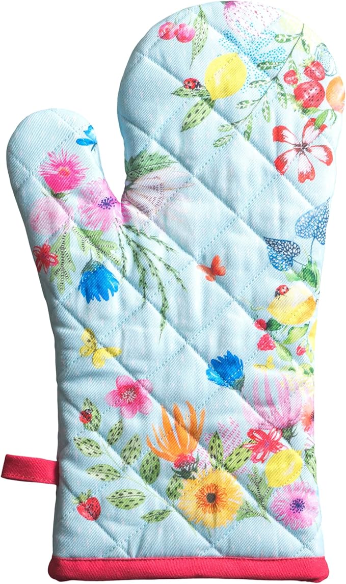 Maison d'Hermine Oven Gloves 100% Cotton Oven Mitt 7" x 13" with Loop Heat Resistant BBQ Cooking Gloves Baking Grilling Gifts for Mothers Day Spring/Summer (Pack of 1, Jardin D'Ete - Mint)