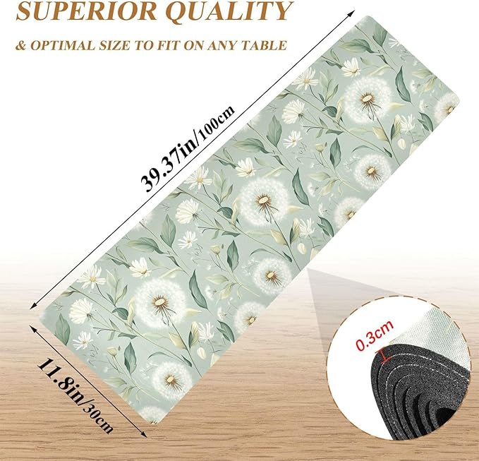 Sage Green Dandelion Trivet Table Runner Heat Resistant 230F for Hot Dishes Pots Plates Kitchen Dining Table Protector Decorative 39.37 X 11.8 Inch