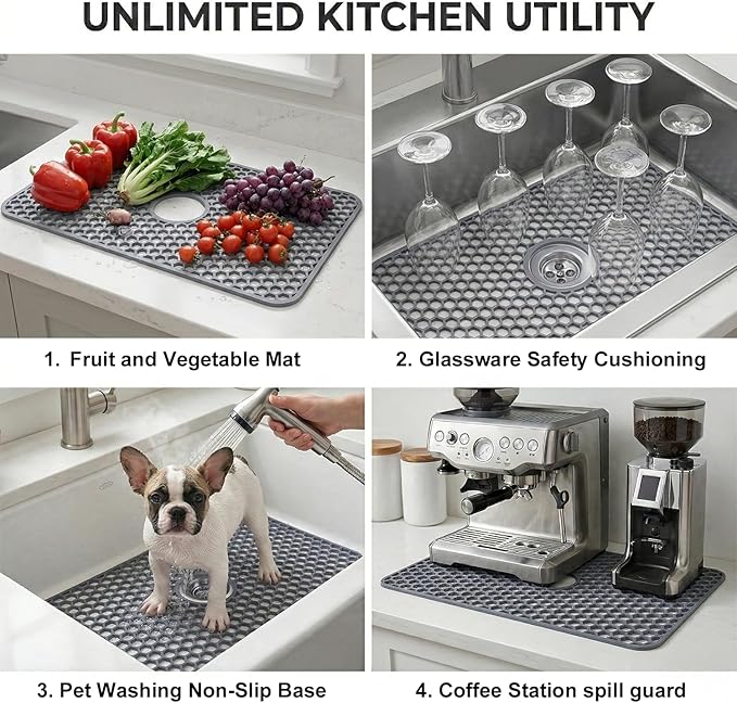 Silicone Sink Protectors for Kitchen - Non-Slip Heat Resistant Grid Mat for Farmhouse Porcelain Stainless Steel, Protects & Cushions Your Sink(Gray 1PCS, 26"x14" Center Drain)