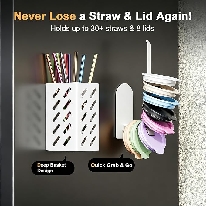 Magnetic Stanley Cup Holder, 2-Pack Water Bottle Organizer with Tumbler Lid & Straw Holder for 8 Stanley 30/40 oz Tumblers - Stores Cup Accessories on Refrigerator or Iron Surfaces, Removable- White