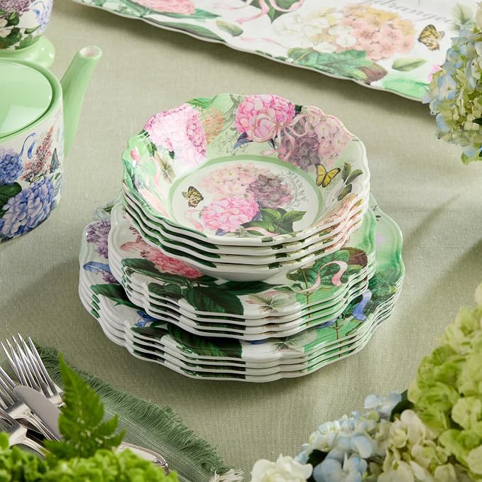 Garden Path Melamine 12-Piece Dinnerware Set - Hydrangea Design, Service for 4 with Dinner Plates, Salad Plates, and Bowls - Durable, Lightweight, and Dishwasher-Safe