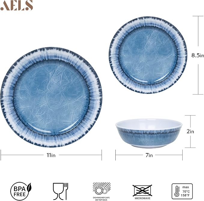 AELS Melamine Dinnerware Set of 18 Pcs Dinner Dishes Set for Indoor and Outdoor Use, Dishwasher Safe, Lightweight Unbreakable, BPA Free (Navy, Service for 6 (18pcs))
