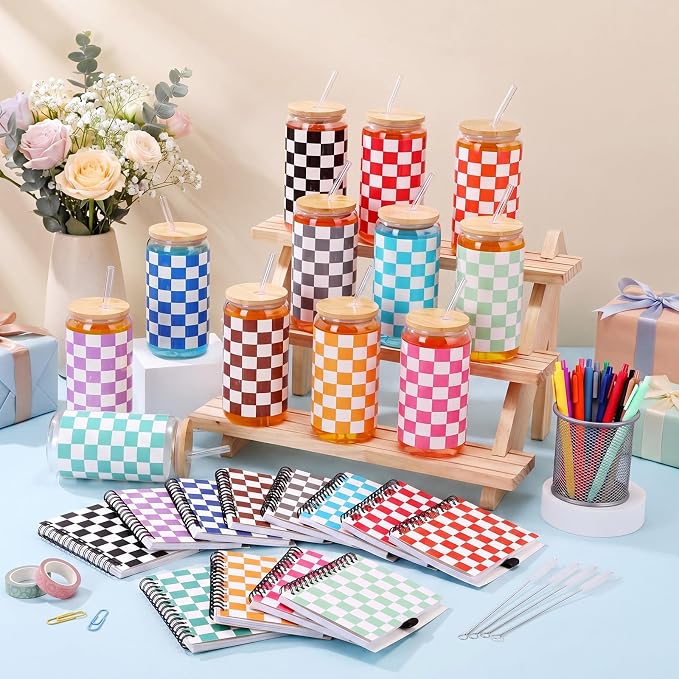 Skylety 12 Set Back to School Gingham Cup Bulk Teachers Appreciation Gifts 16 oz Pastel Checkered Glass Cups with Lids Straws Spiral Notebooks Pens for Silly Goose Birthday Classroom Student Supplies