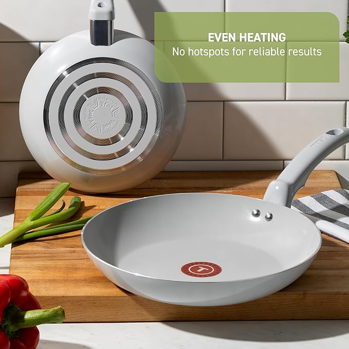 T-Fal Refresh Ceramic Nonstick Cookware Set, 12-Piece, Oven Safe to 350°F, Includes Stockpot, Griddle, Frying Pans, Utensils, Ceramic Pots and Pans Set, Sand Beige
