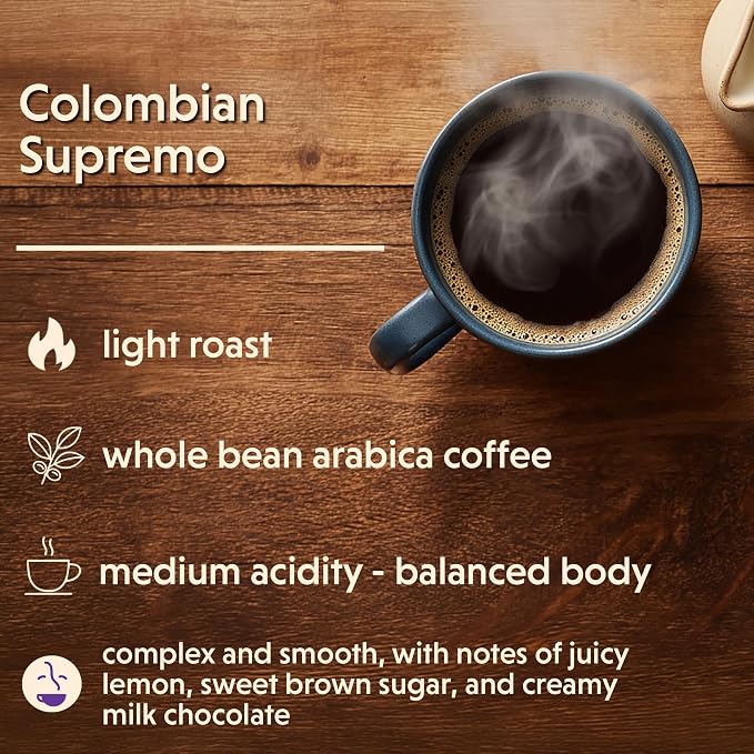 Coffee Bean Direct Colombian Supremo, Whole Bean Coffee, Arabica Coffee, Light Roast, 1 Pound Bag (Pack of 1)