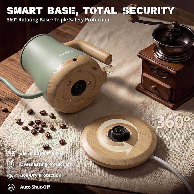 Electric Kettle, Electric Tea Kettle Stainless Steel, Gooseneck Electric Kettle, 1000W Hot Water Kettle Electric Auto Shut Off, 0.8L, Wood-like Grain Finish Handle, Light Green