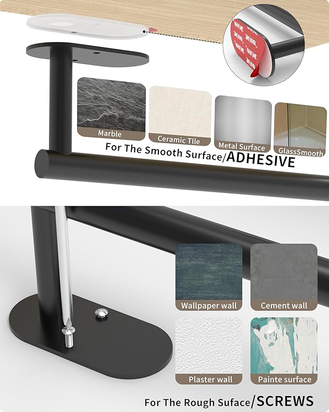 Paper Towel Holder Under Cabinet, Self Adhesive or Wall Mounted SUS304 Stainless Steel Paper Towel Holder for Kitchen, Bathroom(2 Towel Hooks, Matte Black)