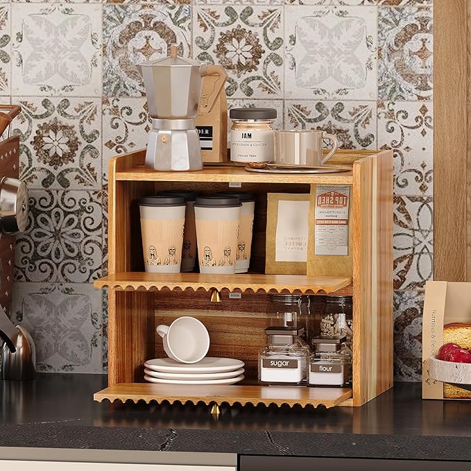 Trironsun Acacia Bread Box for Kitchen Countertop Wood Bread Storage Container Bin Double Layer BreadBox Farmhouse Large Capacity Food Organizer (Acacia Wood)