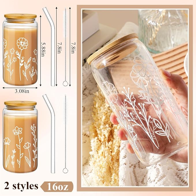Mumufy 2 Pack Glass Cups Gift Aesthetic Cute Glass Cup Tumbler Flower Iced Coffee Mugs 16 oz with Bamboo Lid & Straw, for Wedding Birthday Bridesmaid Mom Baby Shower