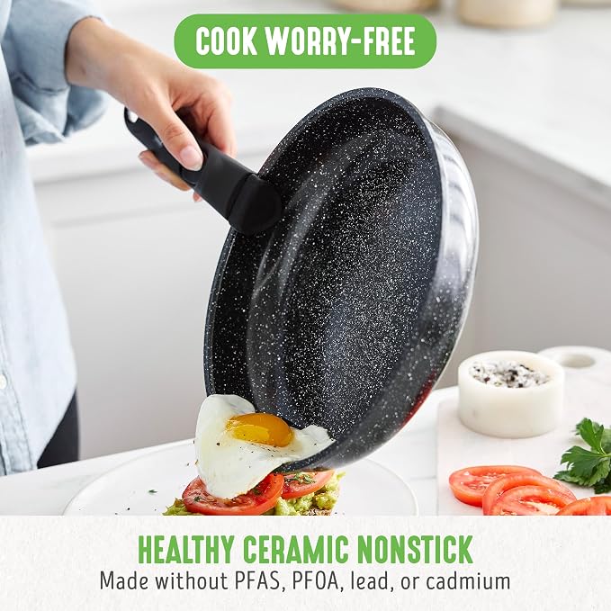 GreenLife 10 Piece Nonstick Pots & Pans Set, Detachable Handle & Stackable Cookware Set, Non Toxic PFAS-Free Skillets, Induction Kitchen Pans, Space Saving, Serving Bowls, Oven Safe, Granite Black