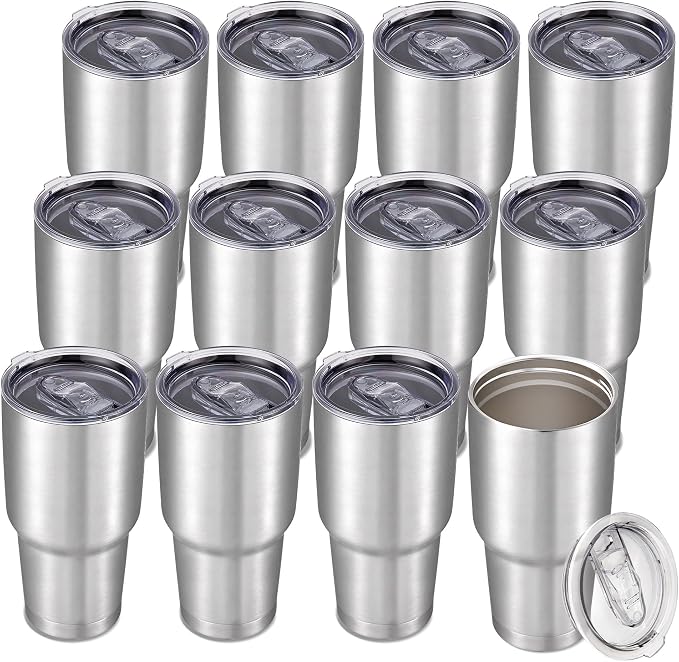 30 oz Tumbler with Lid Stainless Steel Tumblers Bulk Vacuum Insulated Cup Reusable Powder Coated Travel Mug Double Wall Leak Proof Cups Keep Cold Drinks for 12 Hours Stainless, Set of 12
