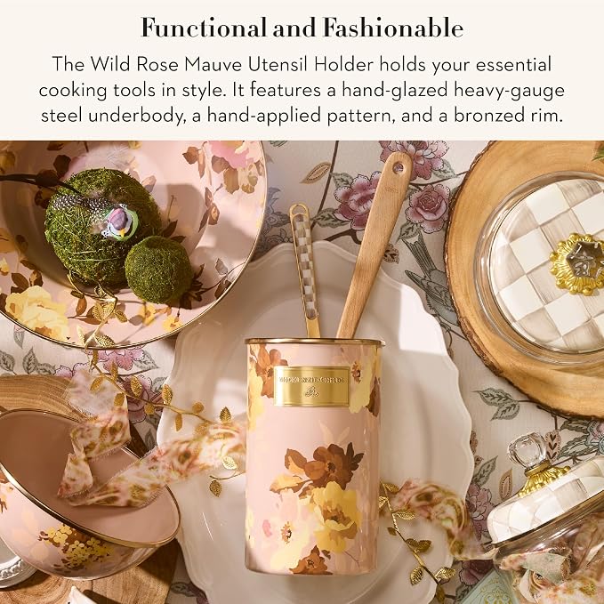 MACKENZIE-CHILDS Enamel Utensil Holder, Stylish Kitchen Countertop Organizer, Wild Rose Mauve