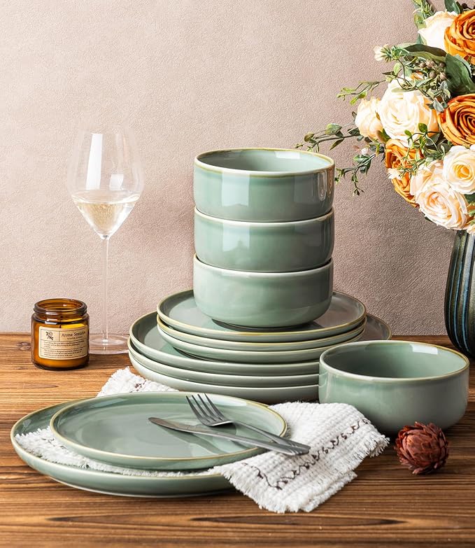 TheTerra Ceramic Dinnerware Sets for 4, 12 Pieces Handmade Reactive Glaze Plates and Bowls Set, Scratch Resistant Dish Set, Oven & Microwave & Dishwasher Safe, Eucalyptus