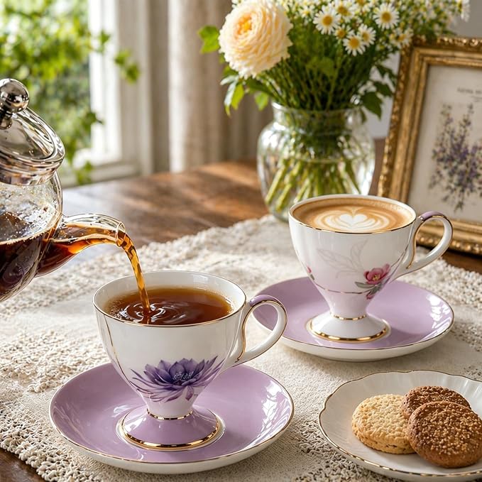 KAMMAK Ceramic Coffee Cups Saucers Set of 2, Porcelain Espresso Cup with Saucer, 8.45 oz Handmade Elegant Bone China Tea Cups, Purple Floral Demitasse Cup for Latte, Americano, Cappuccino