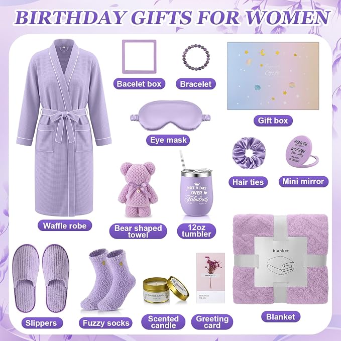 Sieral 14 Pcs Birthday Gifts for Women Care Blanket Gifts Set Spa Baskets Get Well Soon Gift Baskets for Women Mom Her Girlfriend Sister Daughter Friend Wife Grandma(Piped,Purple)